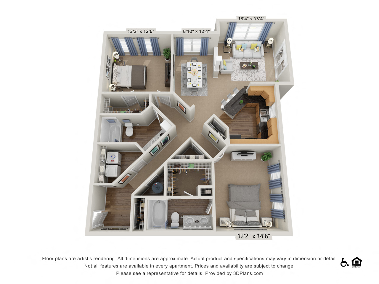 Floor plan for 2 beds, 2 baths, 1390 sqft